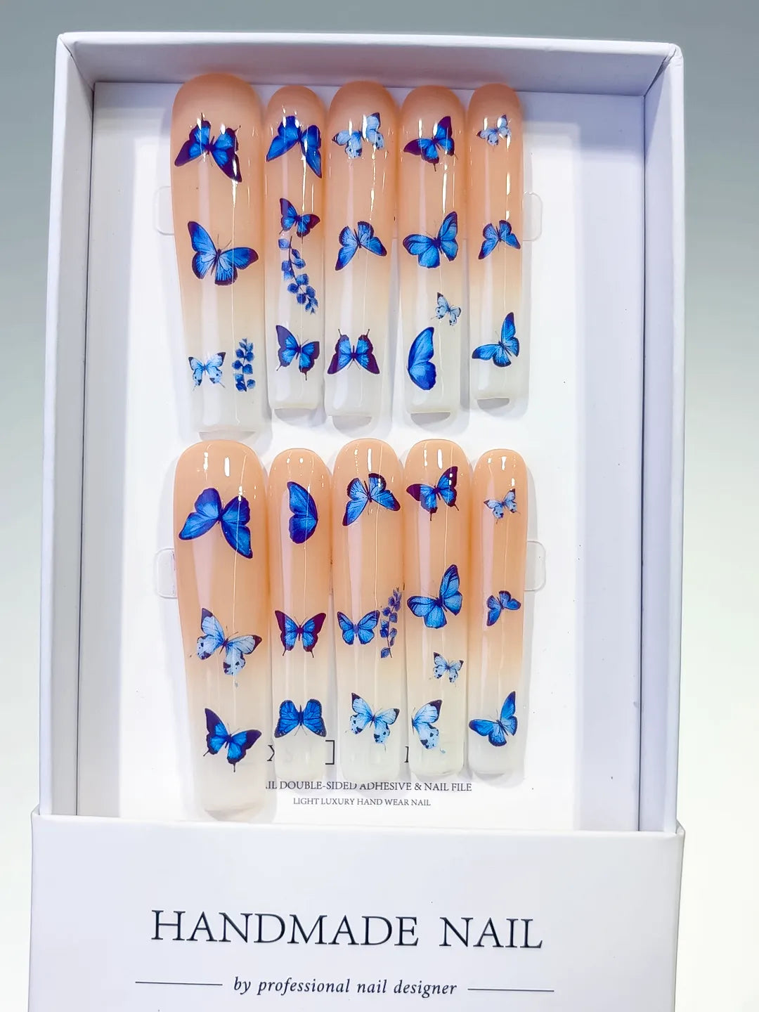 Nude Blue White Solid color Butterfly press on nails full set view