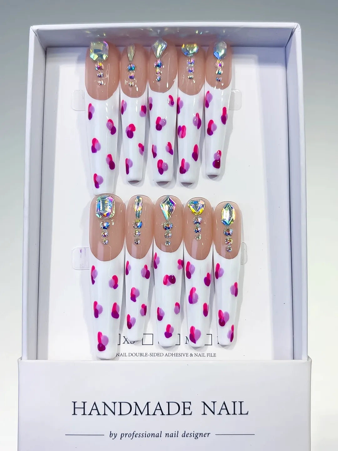 White Pink Silver Abstract Heart Rhinestone press on nails full set view