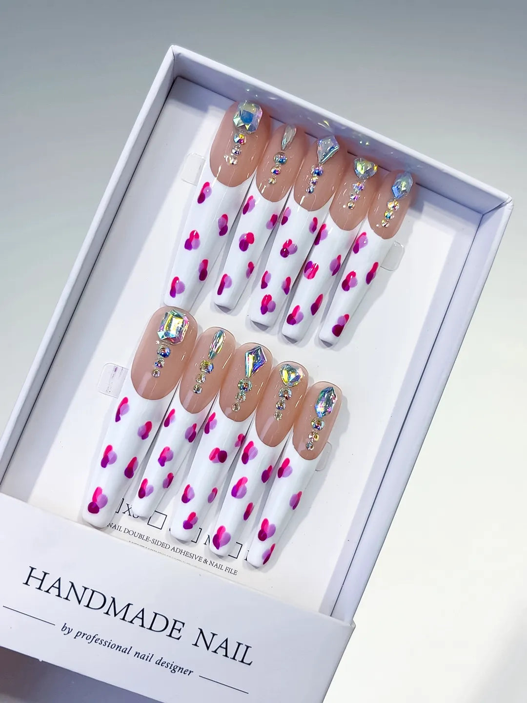 White Pink Silver Abstract Heart Rhinestone press on nails