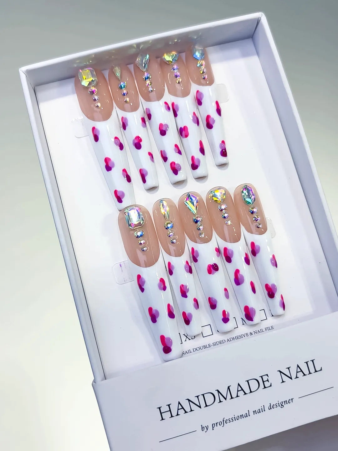 White Pink Silver Abstract Heart Rhinestone press on nails angled view