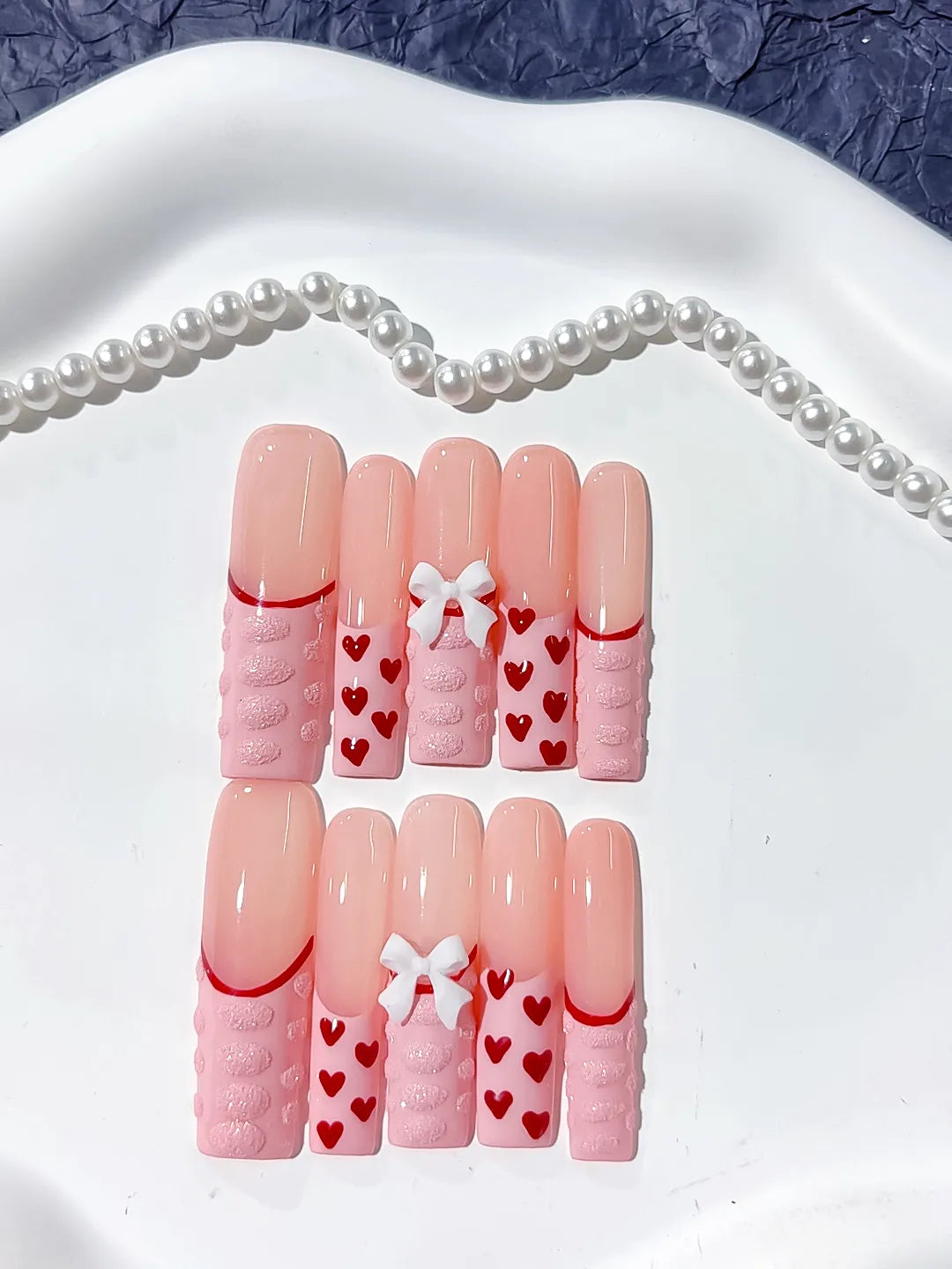 Pink Red White Solid color Heart Bow 3D press on nails close up