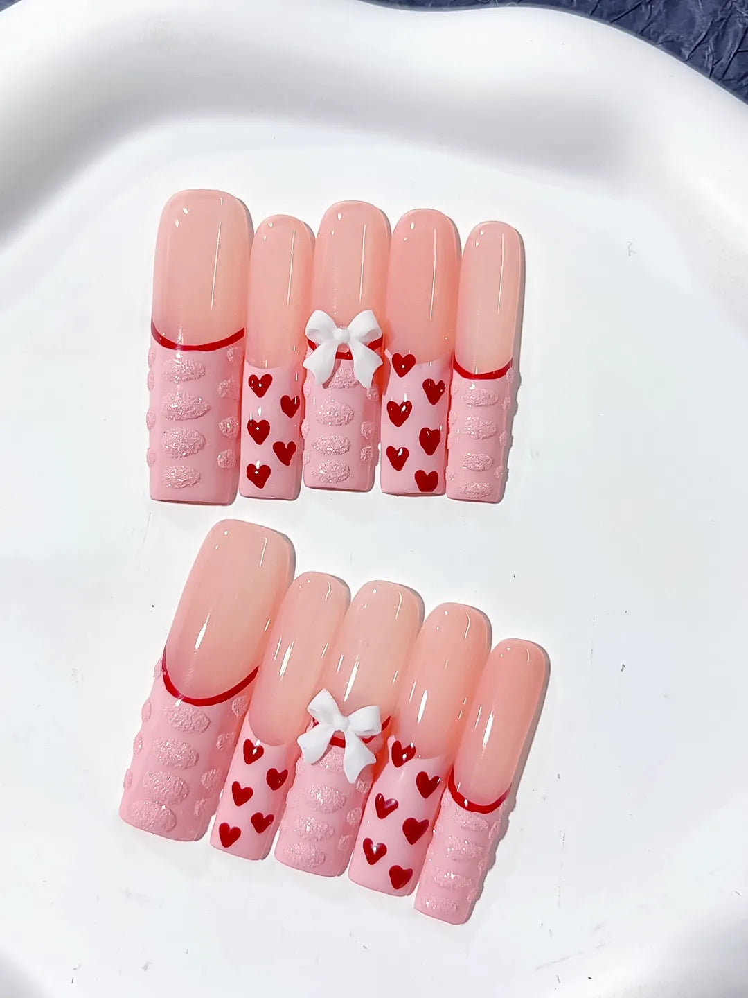 Pink Red White Solid color Heart Bow 3D press on nails detail view