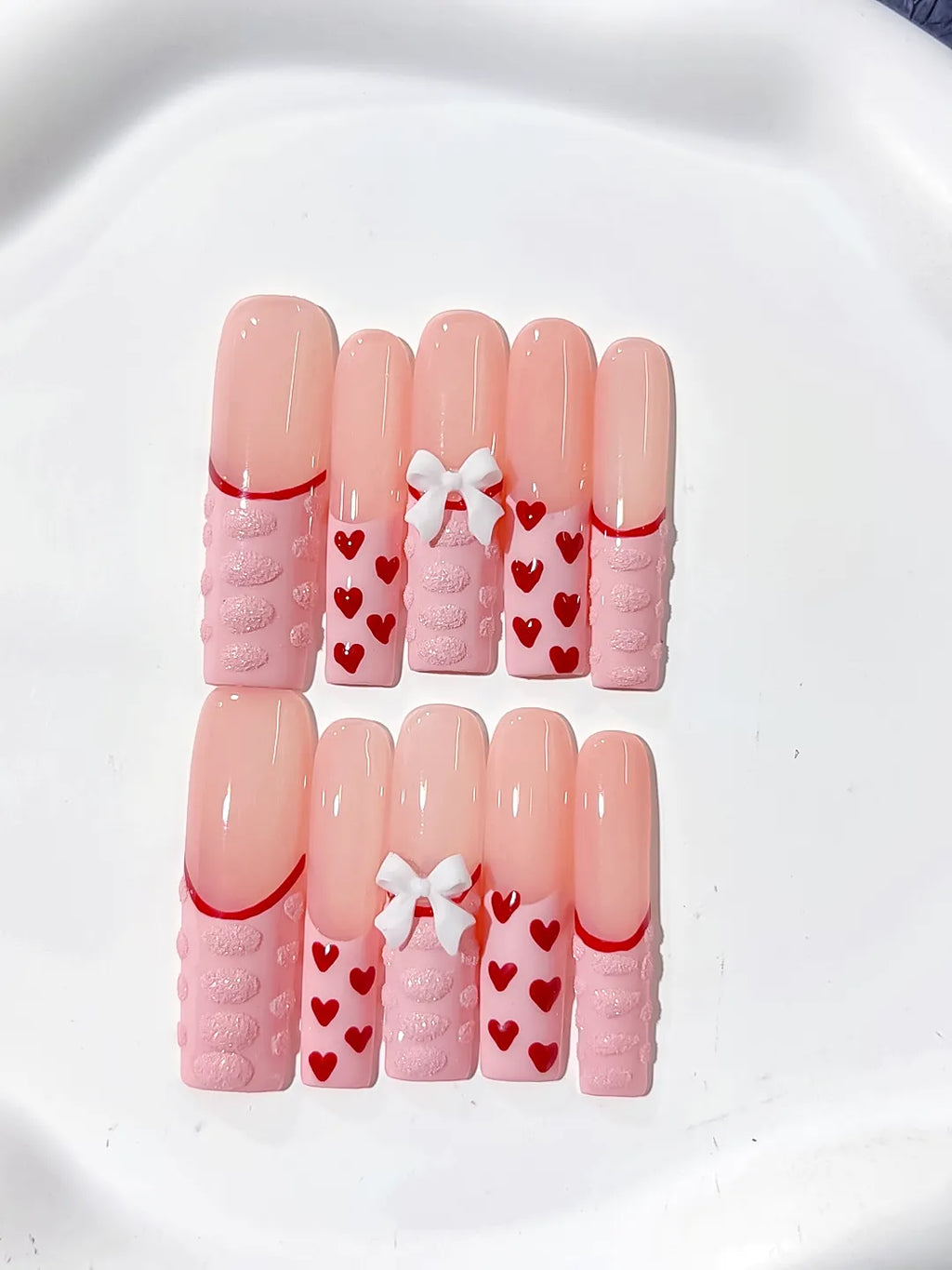 Pink Red White Solid color Heart Bow 3D press on nails detail view