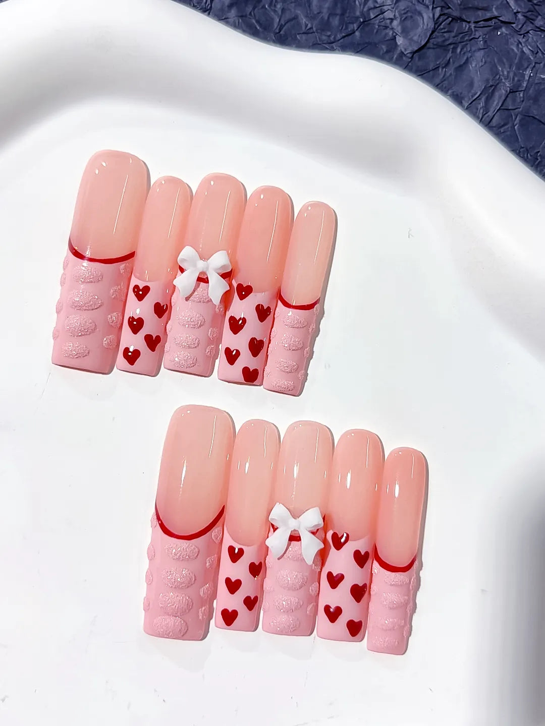 Pink Red White Solid color Heart Bow 3D press on nails detail view