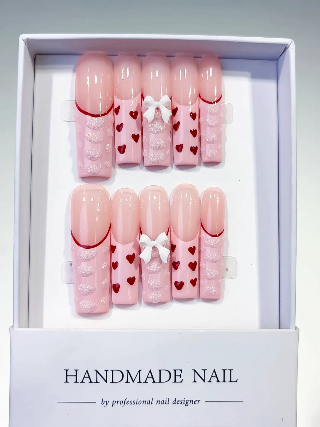 Pink Red White Solid color Heart Bow 3D press on nails full set view
