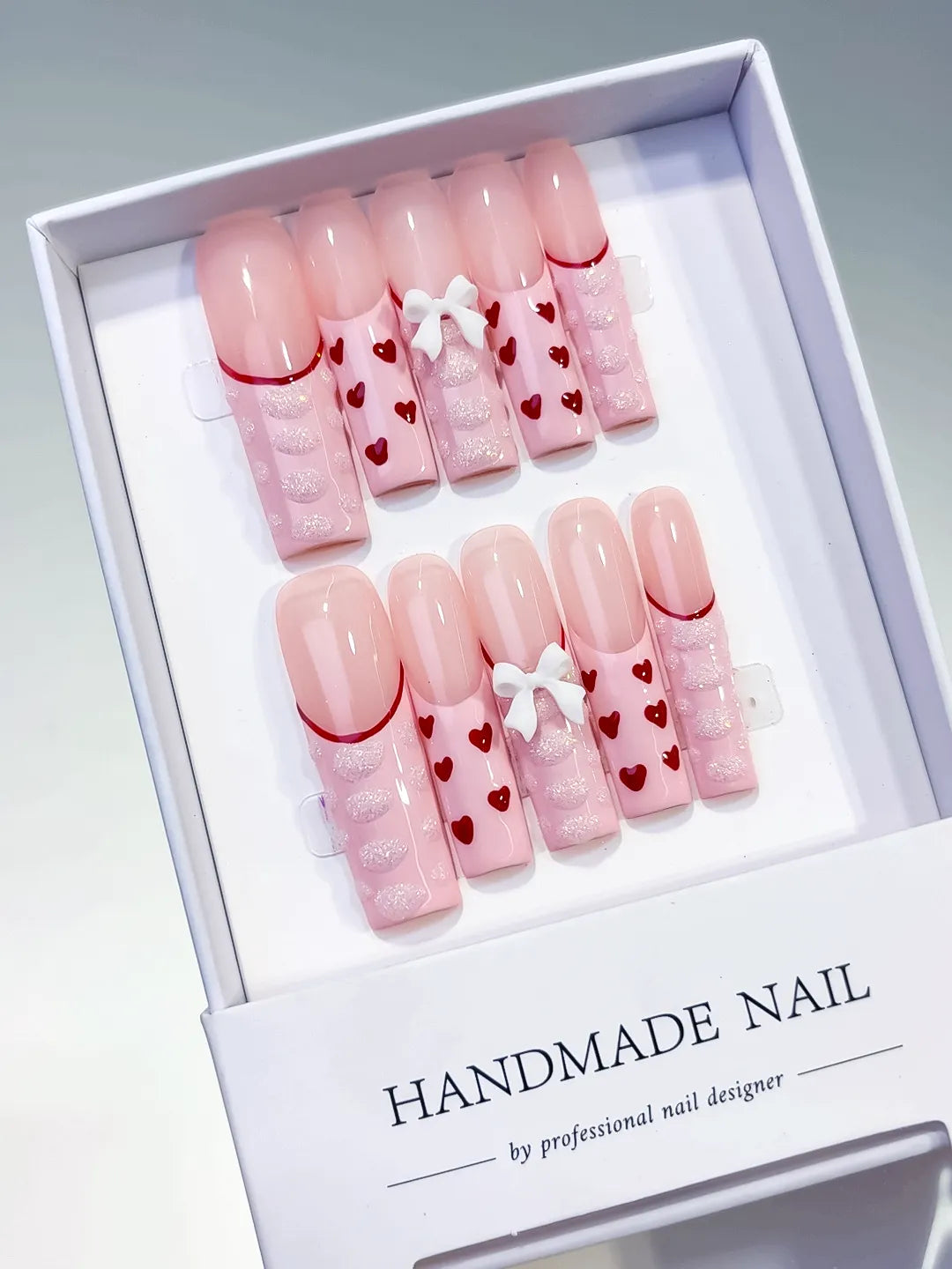 Pink Red White Solid color Heart Bow 3D press on nails angled view