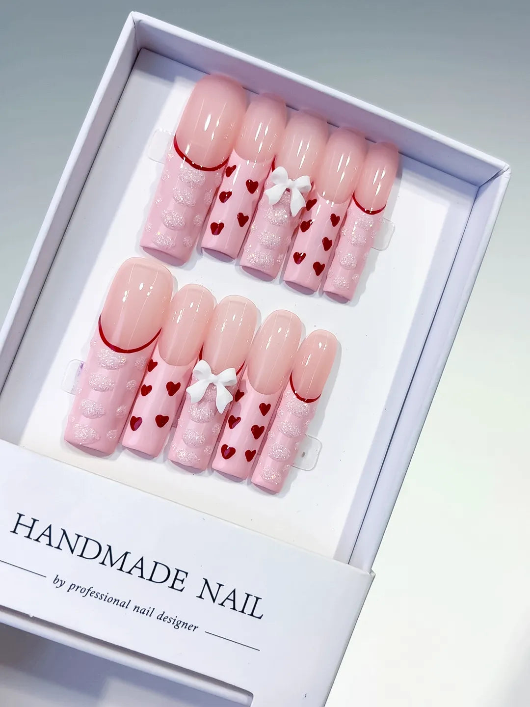 Pink Red White Solid color Heart Bow 3D press on nails