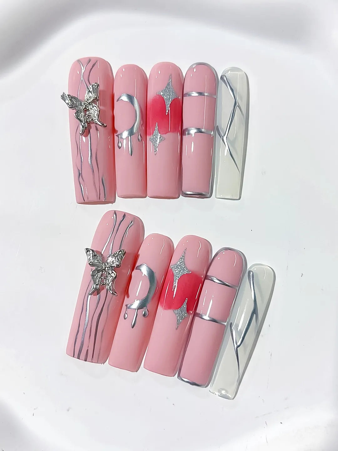 Pink Silver Solid color Butterfly Star Rhinestone press on nails close up