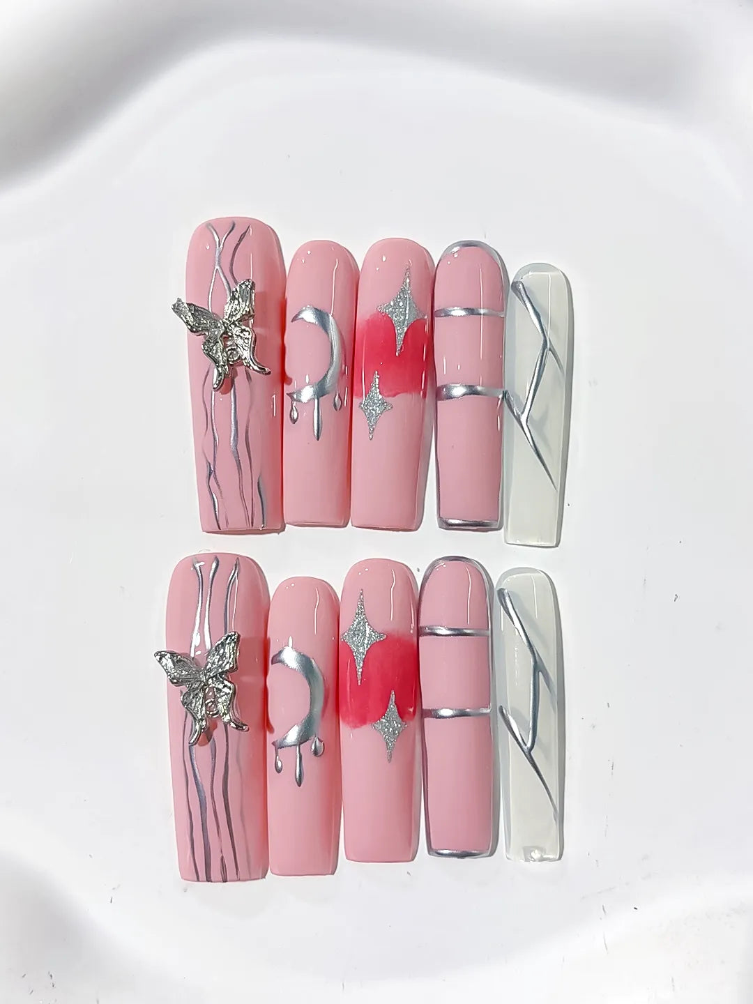 Pink Silver Solid color Butterfly Star Rhinestone press on nails detail view