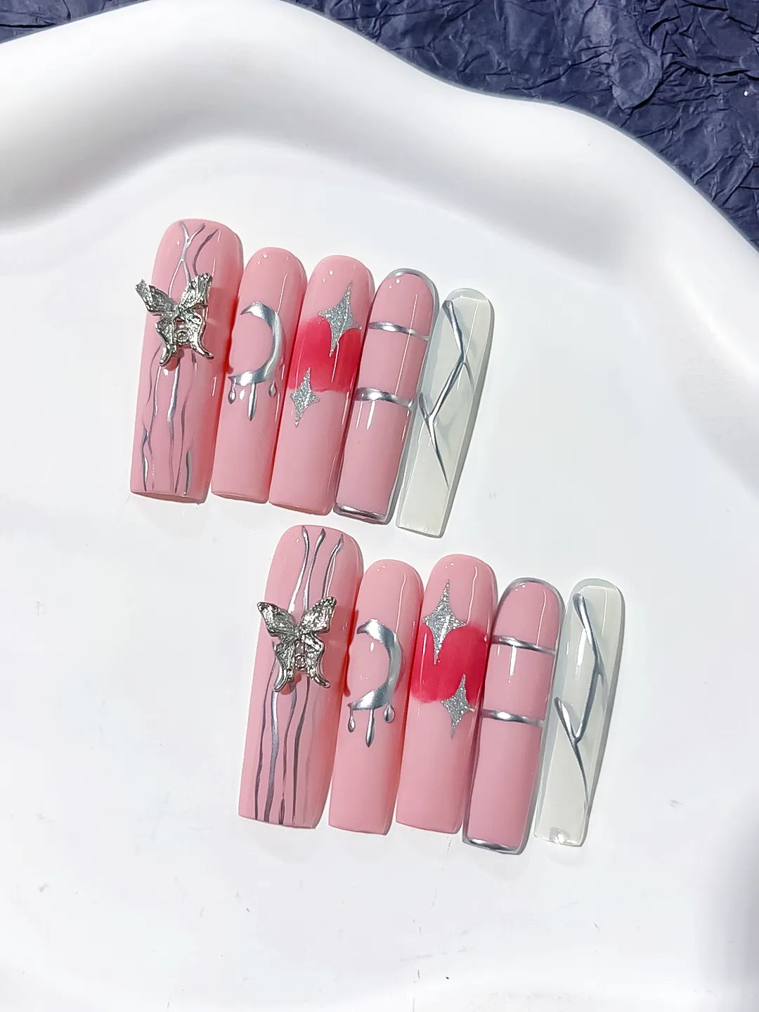 Pink Silver Solid color Butterfly Star Rhinestone press on nails detail view