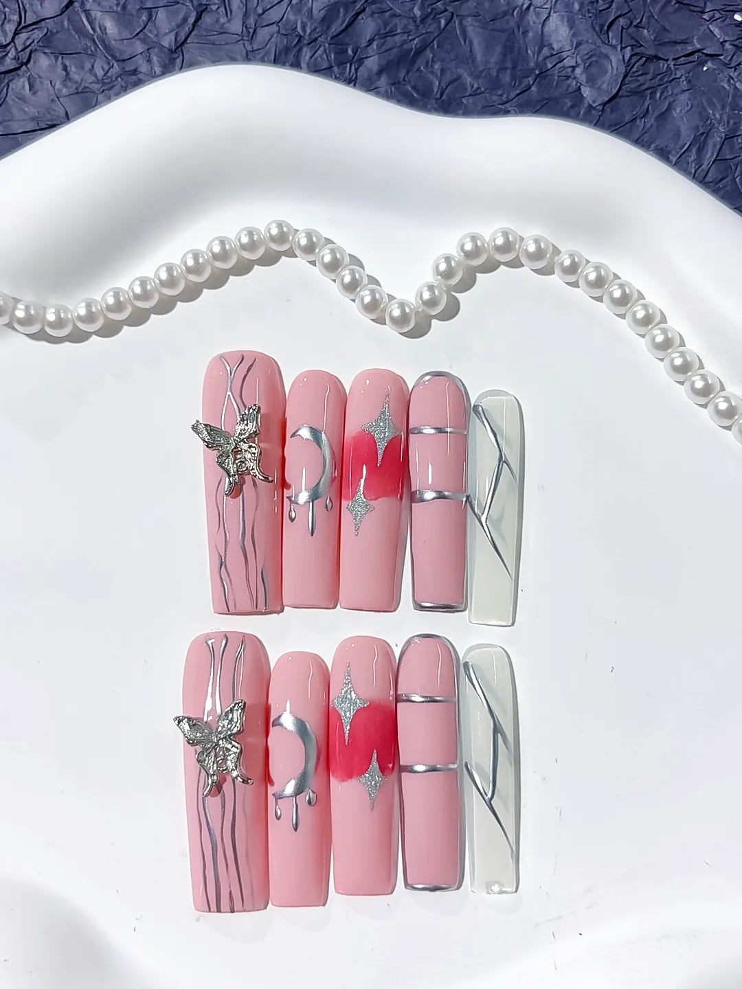 Pink Silver Solid color Butterfly Star Rhinestone press on nails detail view
