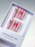 Pink Silver Solid color Butterfly Star Rhinestone press on nails