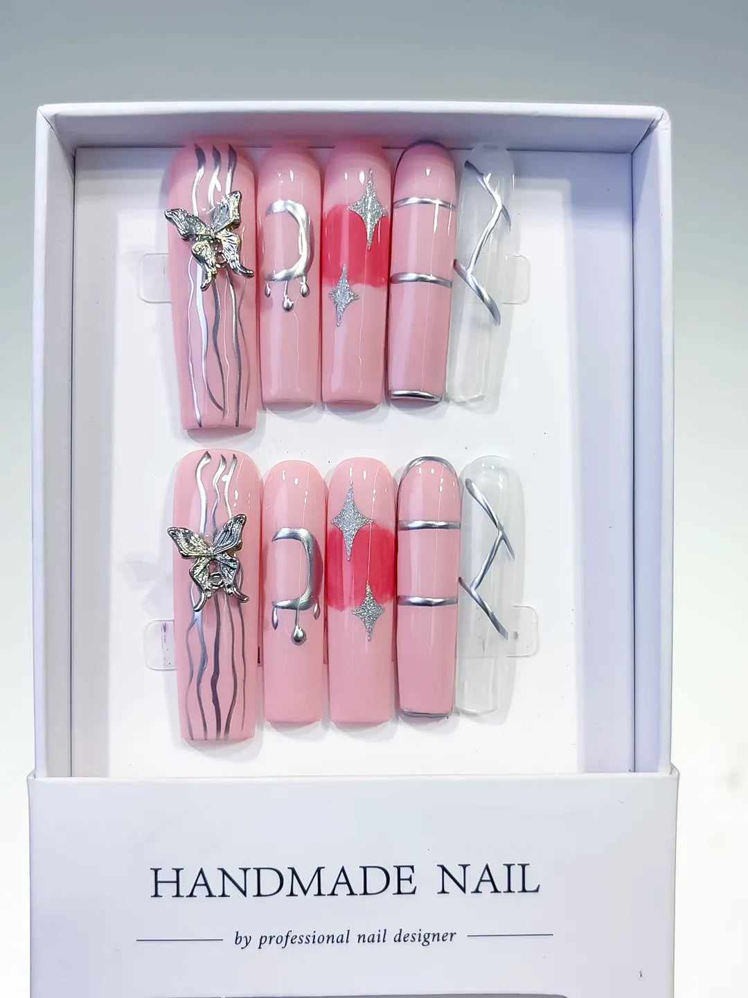 Pink Silver Solid color Butterfly Star Rhinestone press on nails full set view