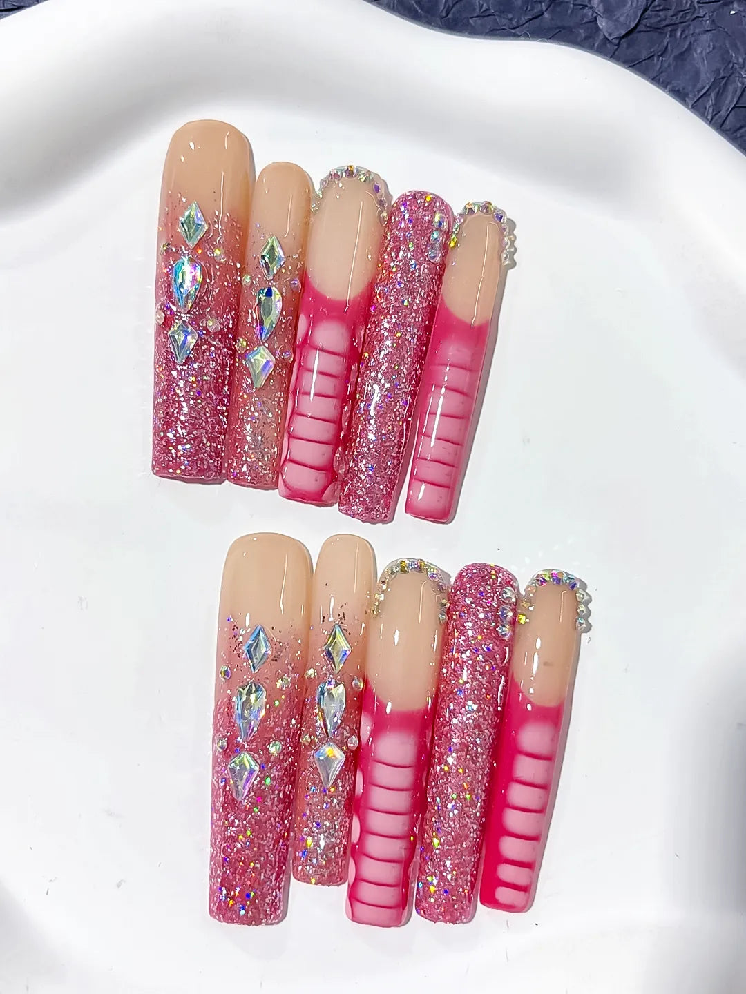 Nude Pink Silver Glitter Rhinestone press on nails close up