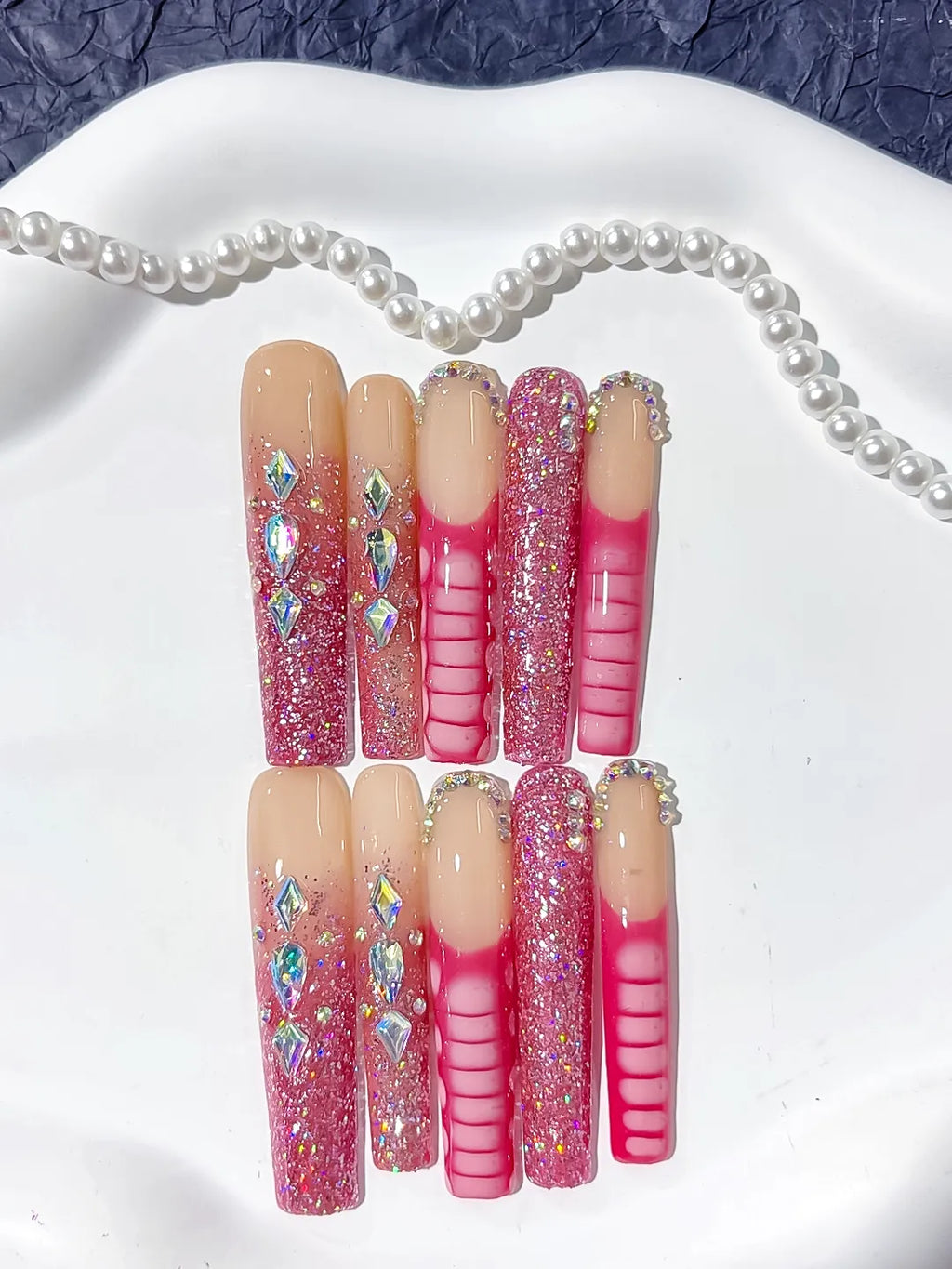 Nude Pink Silver Glitter Rhinestone press on nails detail view