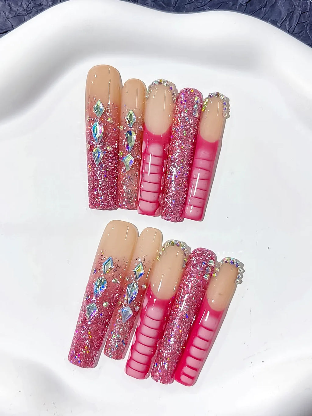 Nude Pink Silver Glitter Rhinestone press on nails detail view