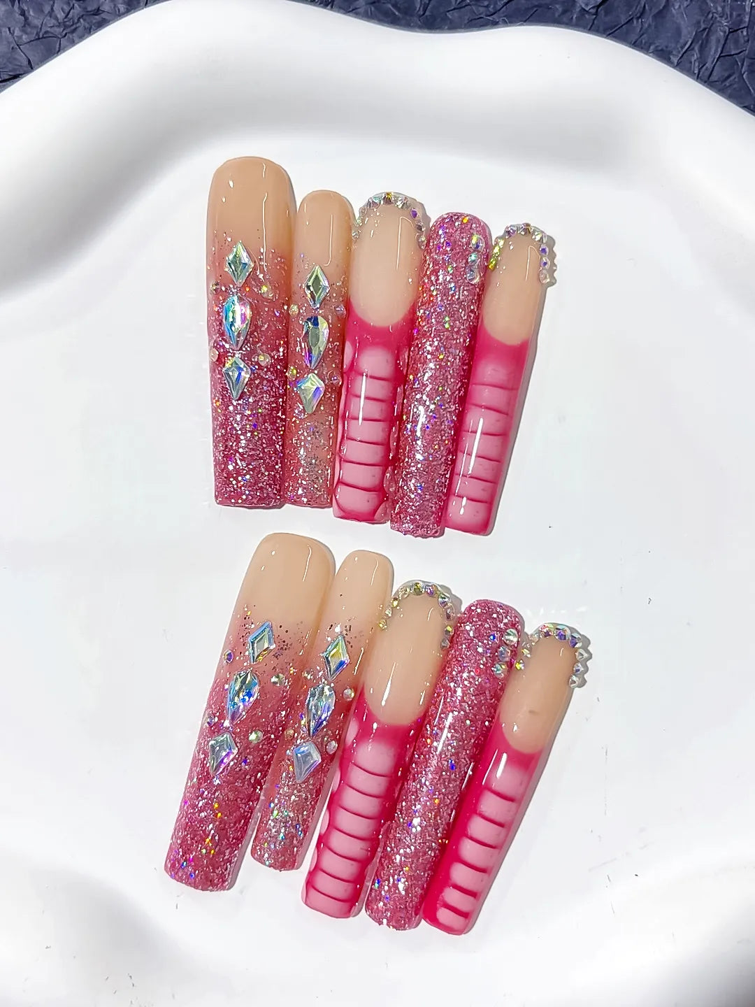 Nude Pink Silver Glitter Rhinestone press on nails detail view