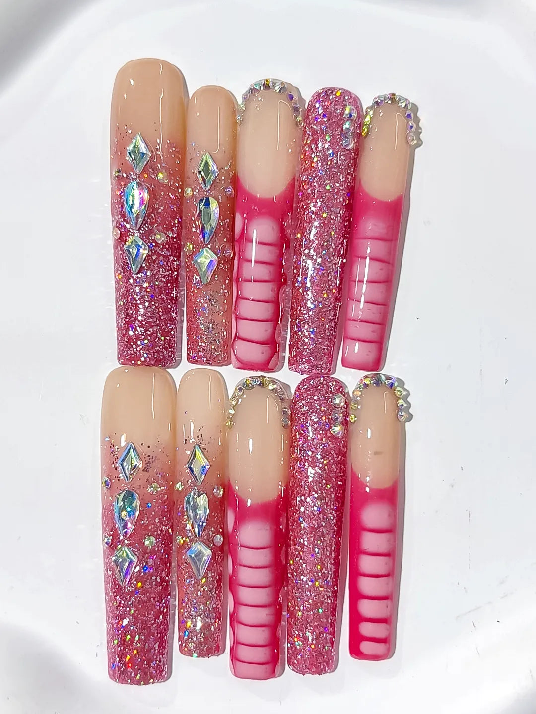 Nude Pink Silver Glitter Rhinestone press on nails detail view