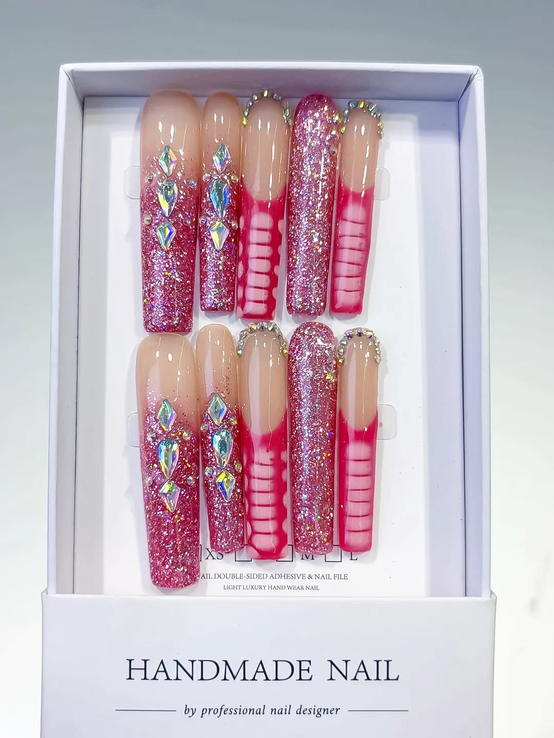 Nude Pink Silver Glitter Rhinestone press on nails full set view