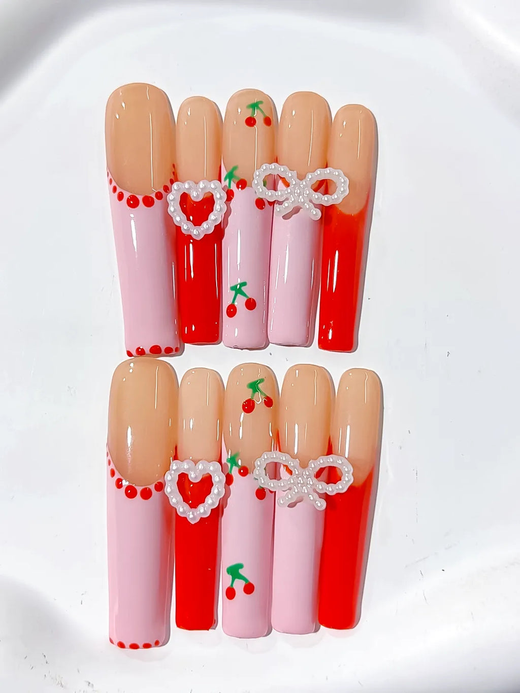 Nude Pink Red White Silver Abstract Cherry Heart Bow Pearl 3D press on nails detail view
