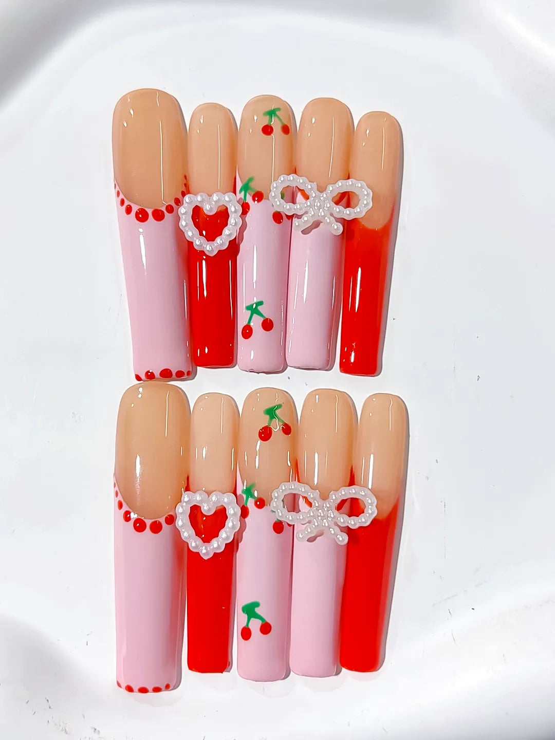 Nude Pink Red White Silver Abstract Cherry Heart Bow Pearl 3D press on nails detail view
