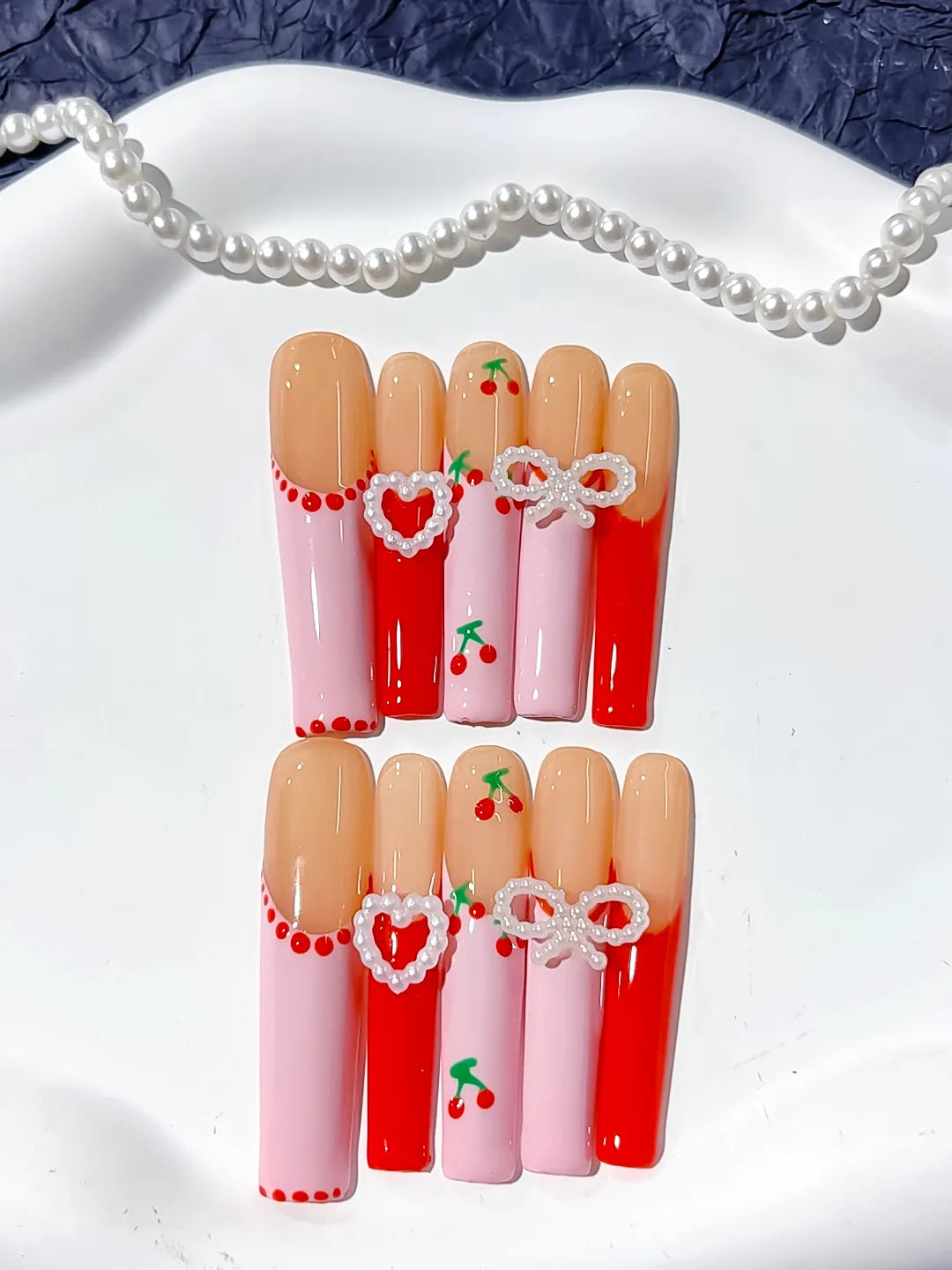 Nude Pink Red White Silver Abstract Cherry Heart Bow Pearl 3D press on nails detail view
