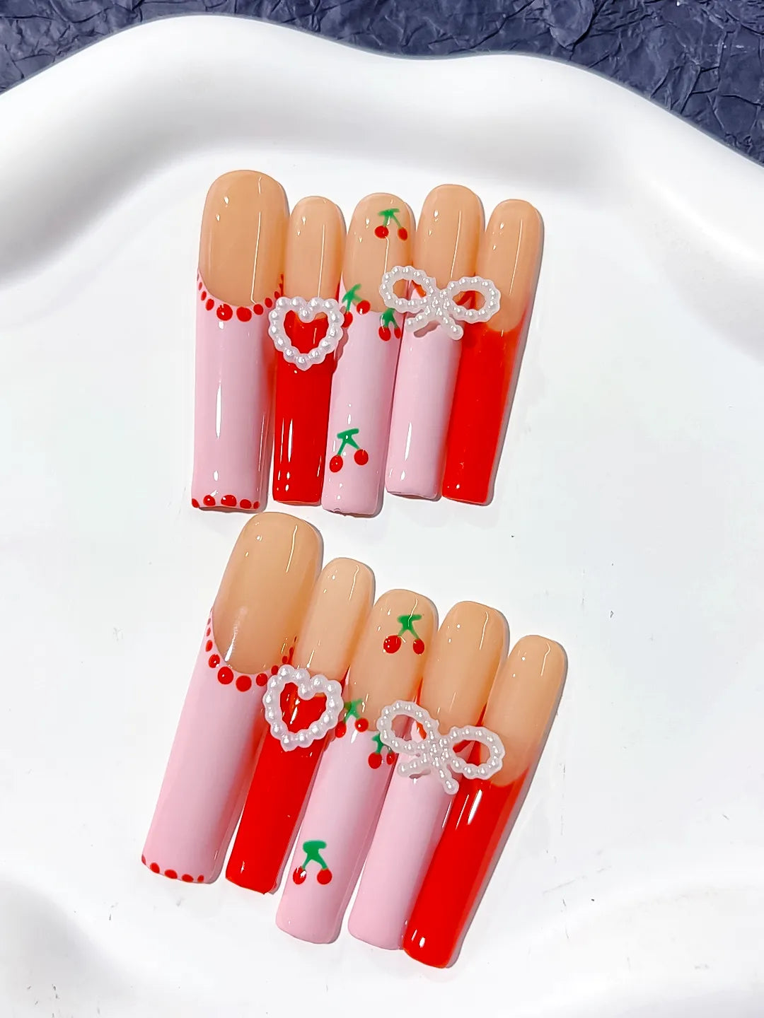 Nude Pink Red White Silver Abstract Cherry Heart Bow Pearl 3D press on nails close up