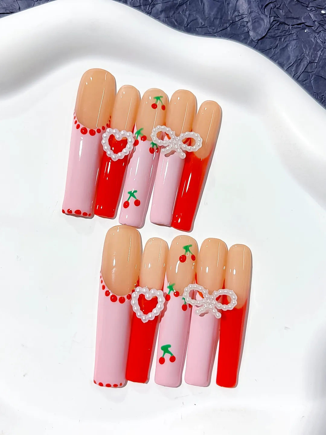 Nude Pink Red White Silver Abstract Cherry Heart Bow Pearl 3D press on nails detail view