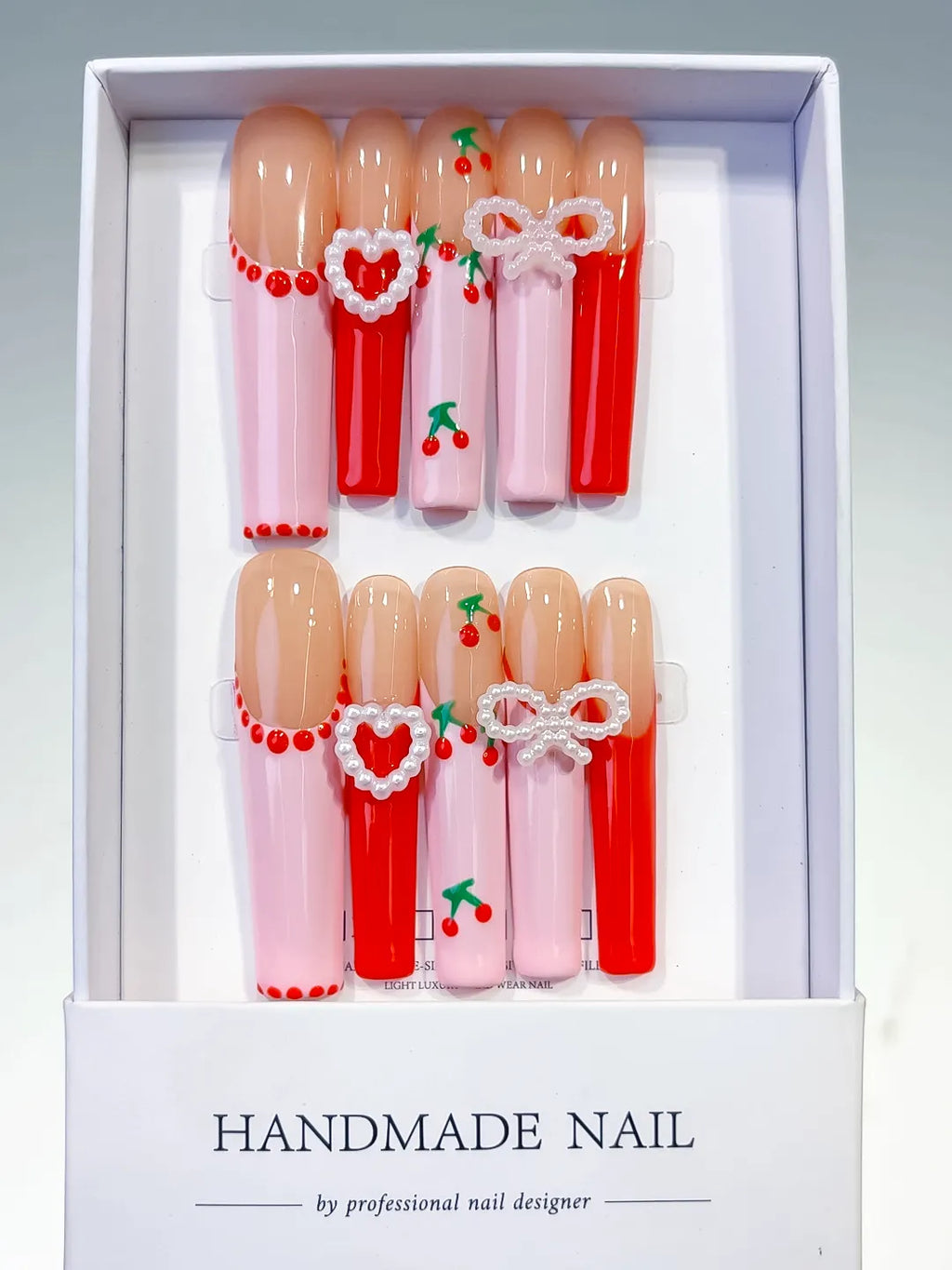 Nude Pink Red White Silver Abstract Cherry Heart Bow Pearl 3D press on nails full set view