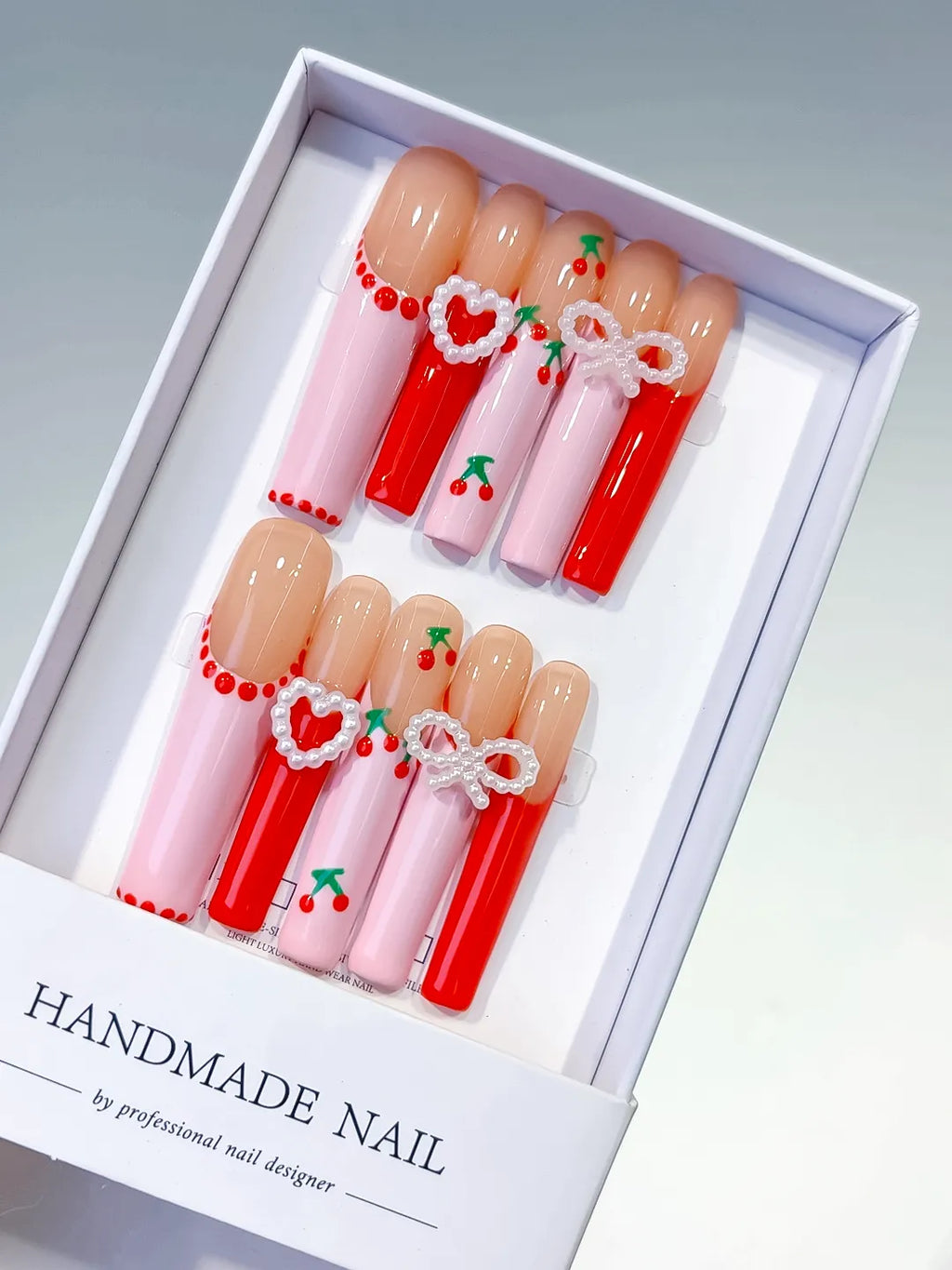 Nude Pink Red White Silver Abstract Cherry Heart Bow Pearl 3D press on nails