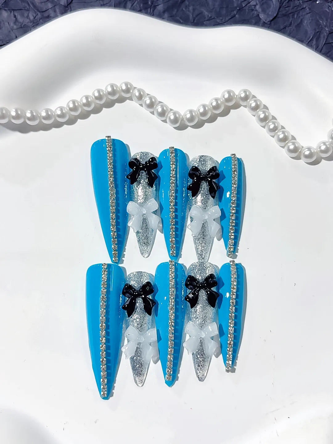 Blue Silver White Black Abstract Bow Glitter 3D press on nails close up