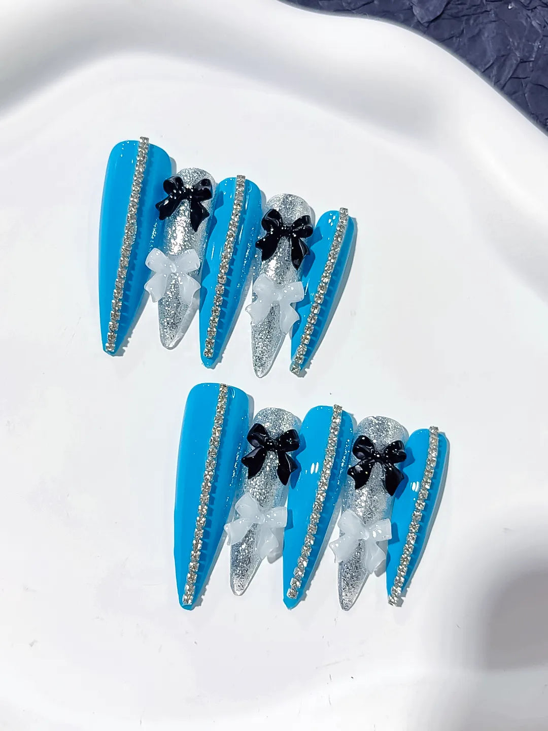 Blue Silver White Black Abstract Bow Glitter 3D press on nails detail view