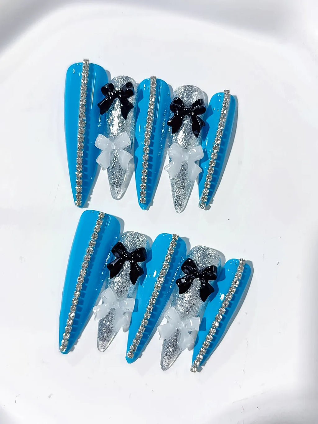 Blue Silver White Black Abstract Bow Glitter 3D press on nails detail view