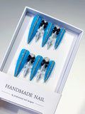 Blue Silver White Black Abstract Bow Glitter 3D press on nails