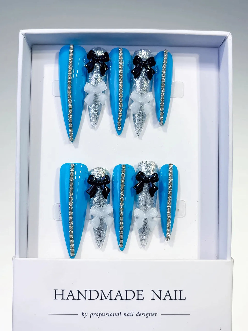 Blue Silver White Black Abstract Bow Glitter 3D press on nails full set view