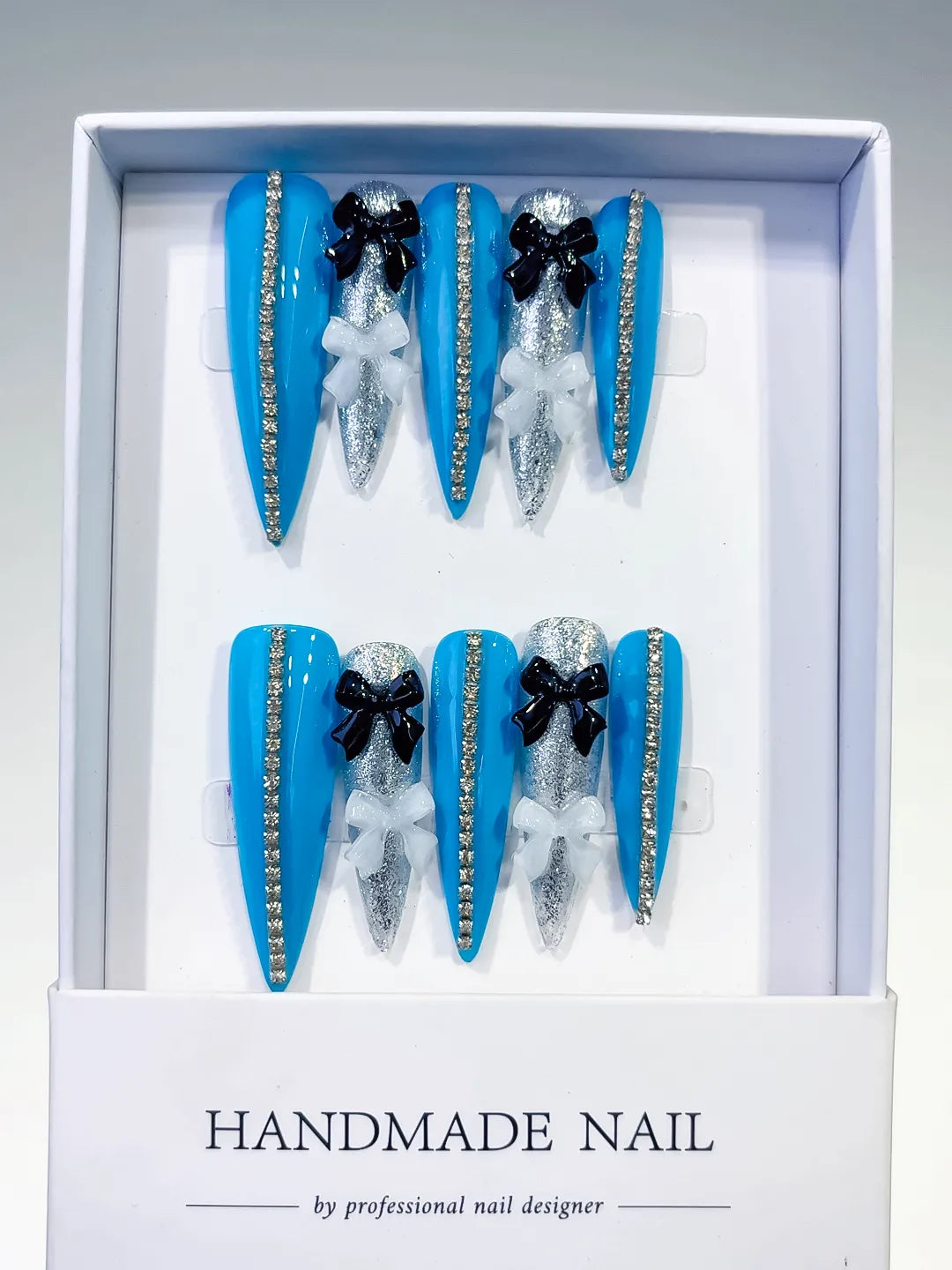 Blue Silver White Black Abstract Bow Glitter 3D press on nails full set view