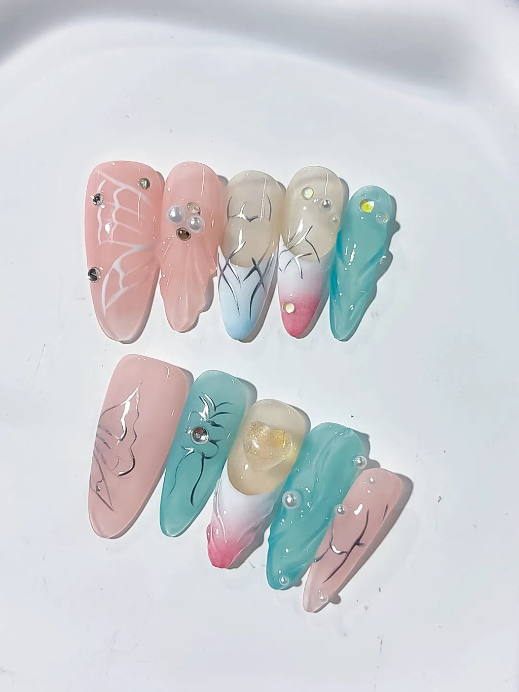 Pink Blue White Silver Abstract Butterfly Pearl press on nails detail view