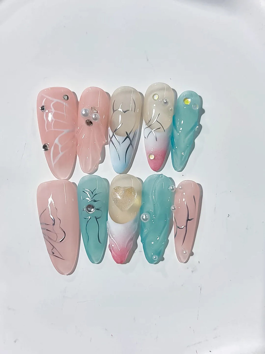 Pink Blue White Silver Abstract Butterfly Pearl press on nails close up