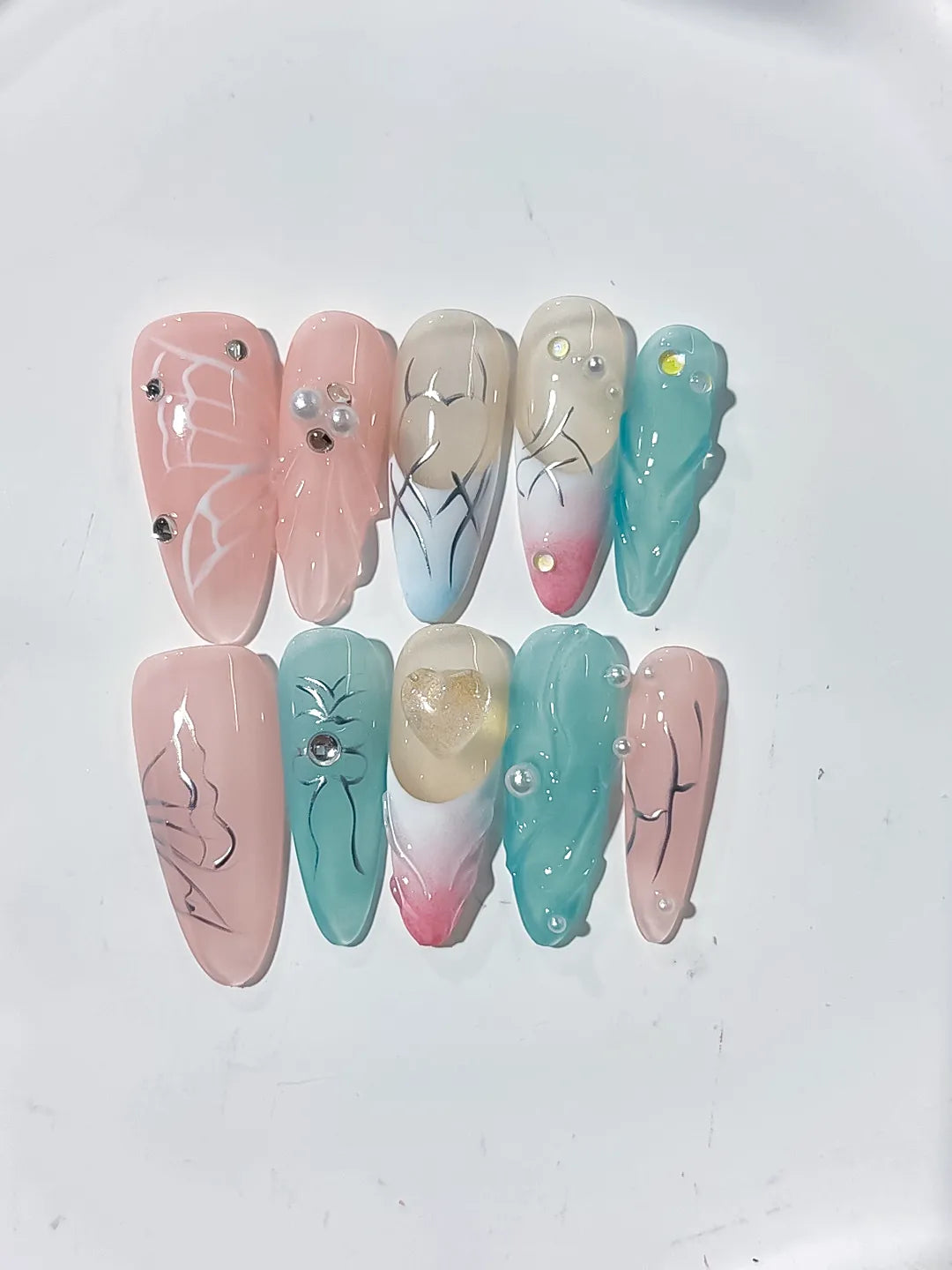 Pink Blue White Silver Abstract Butterfly Pearl press on nails close up