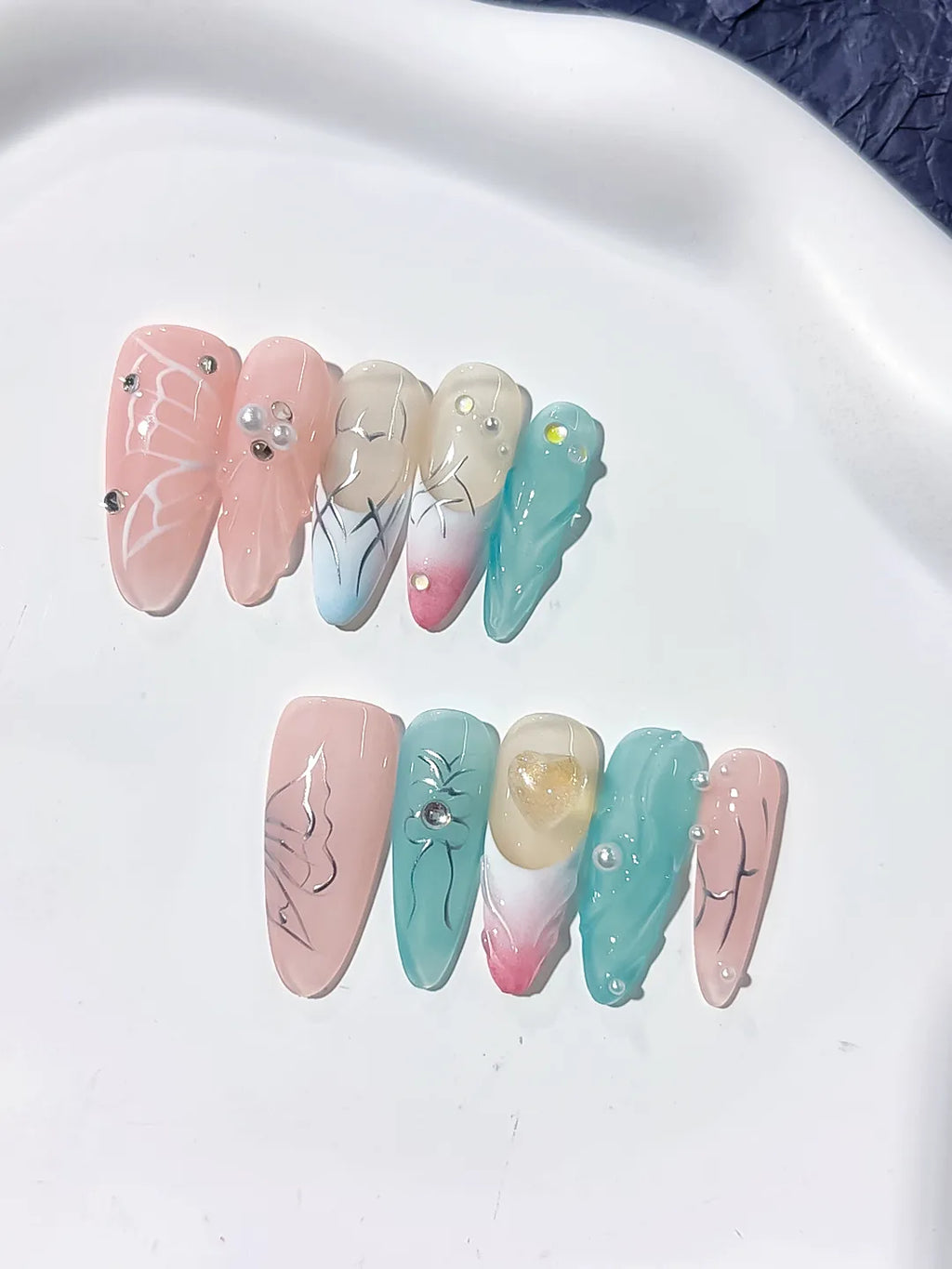 Pink Blue White Silver Abstract Butterfly Pearl press on nails detail view