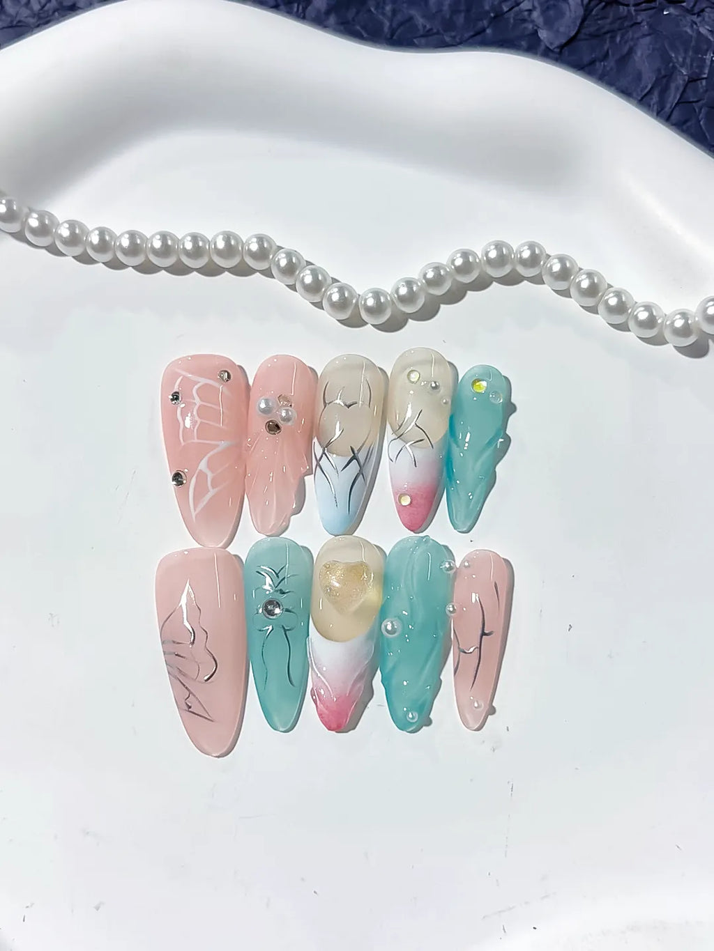Pink Blue White Silver Abstract Butterfly Pearl press on nails detail view