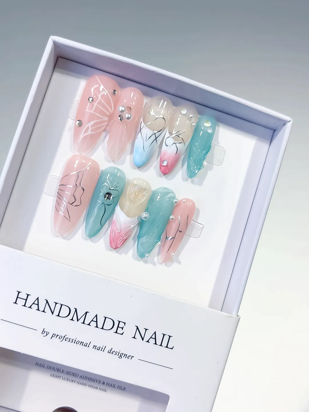 Pink Blue White Silver Abstract Butterfly Pearl press on nails