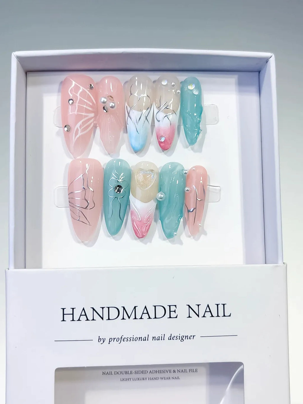 Pink Blue White Silver Abstract Butterfly Pearl press on nails full set view