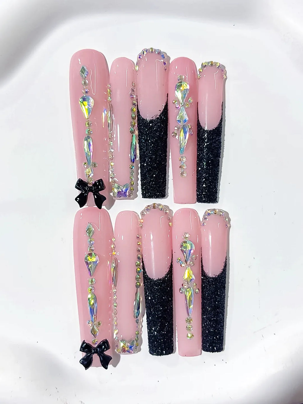 Pink Black Silver Glitter Bow Rhinestone press on nails detail view