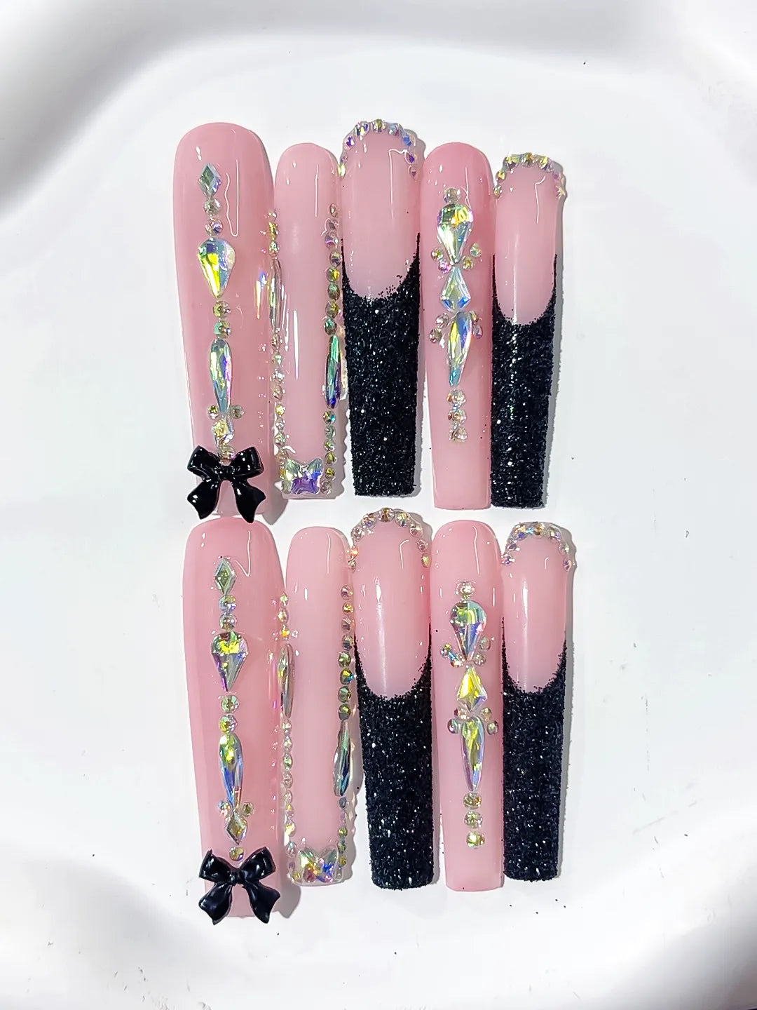 Pink Black Silver Glitter Bow Rhinestone press on nails detail view