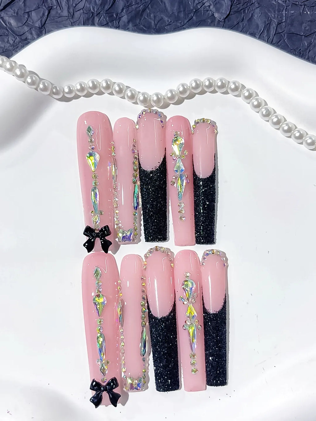 Pink Black Silver Glitter Bow Rhinestone press on nails detail view