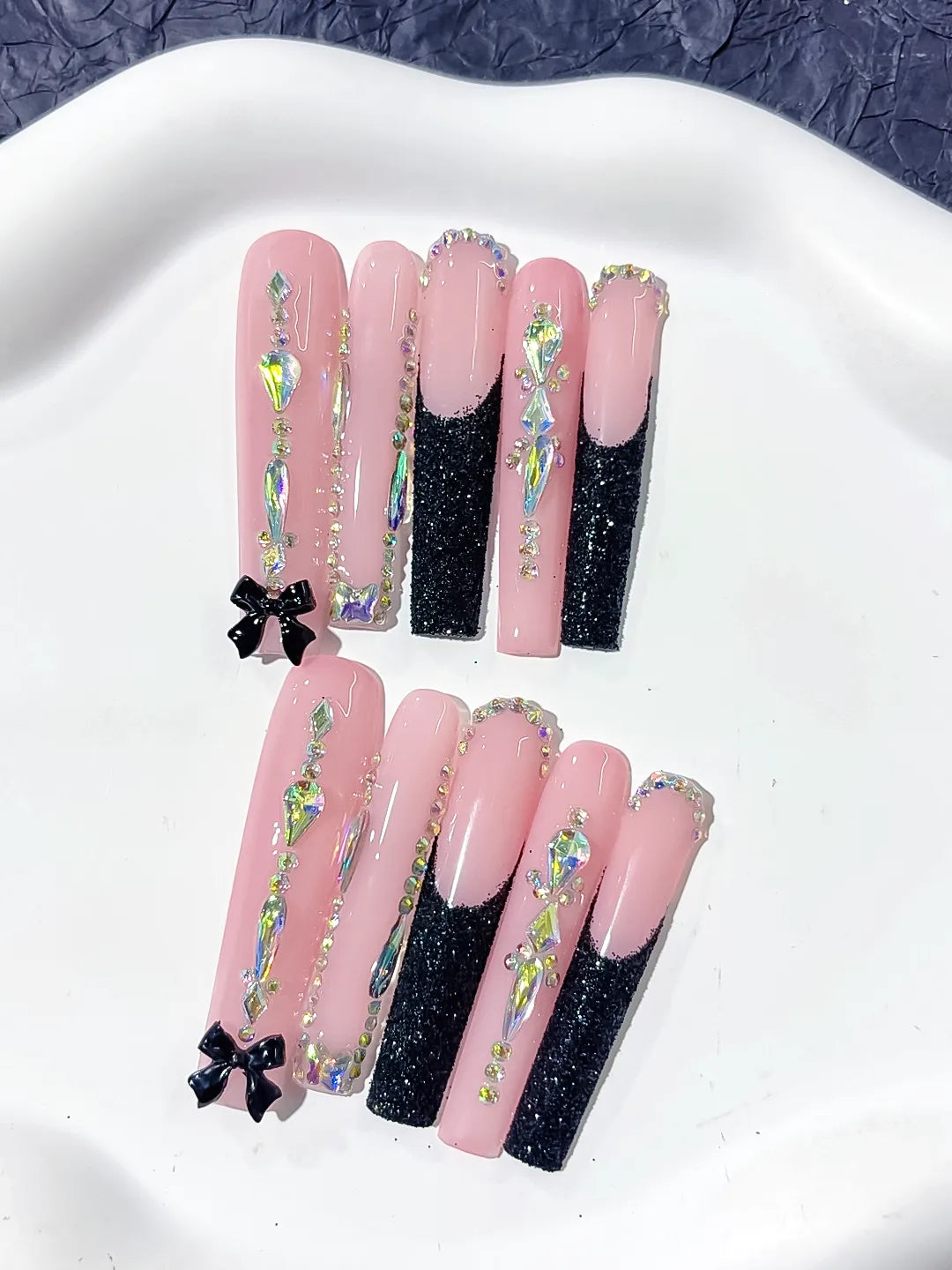 Pink Black Silver Glitter Bow Rhinestone press on nails close up