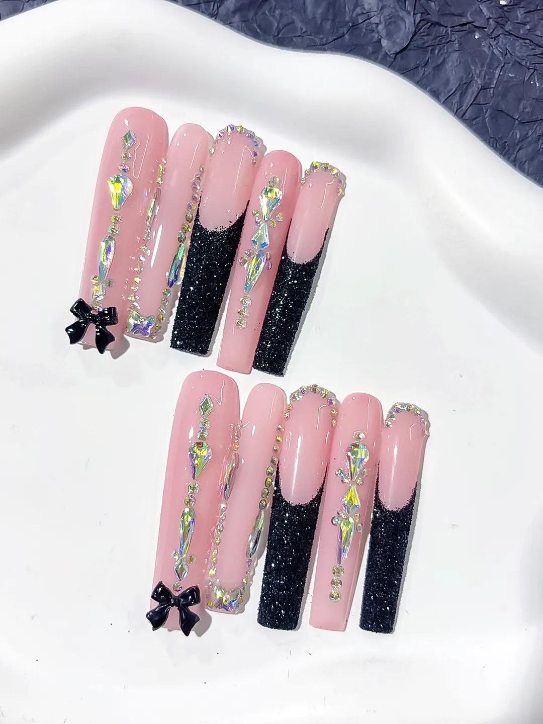 Pink Black Silver Glitter Bow Rhinestone press on nails detail view