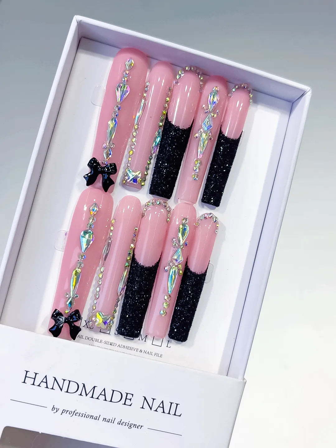 Pink Black Silver Glitter Bow Rhinestone press on nails