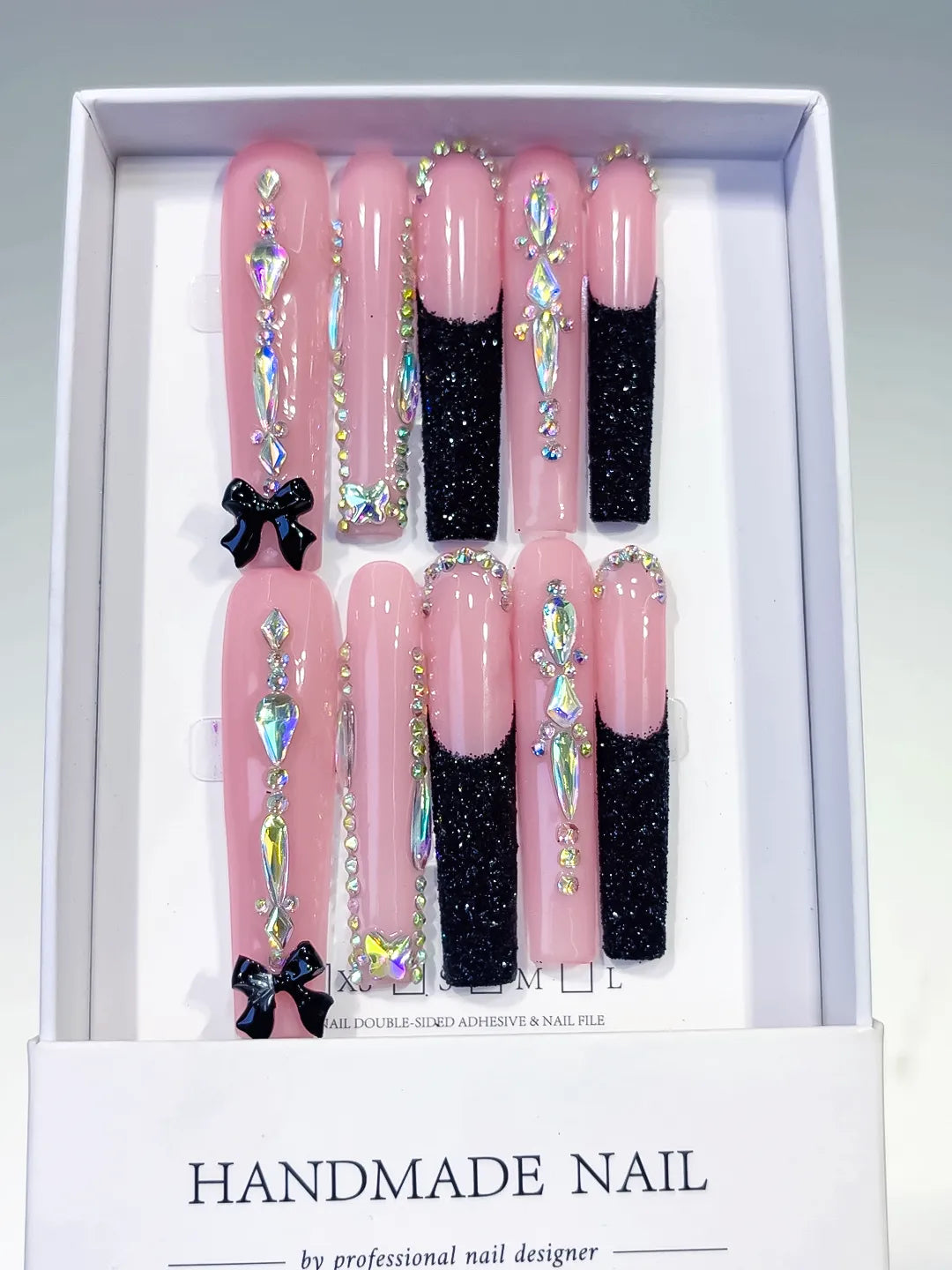 Pink Black Silver Glitter Bow Rhinestone press on nails full set view